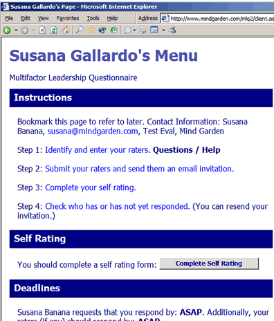 Screenshot of User menu listing assessment steps